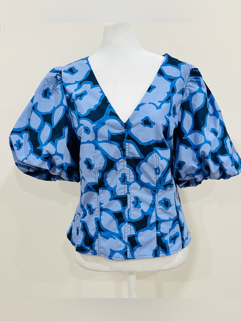 Banana Republic Factory Bubble-Sleeve Seamed Poplin Top Navy‎ Floral Size 4 NWT